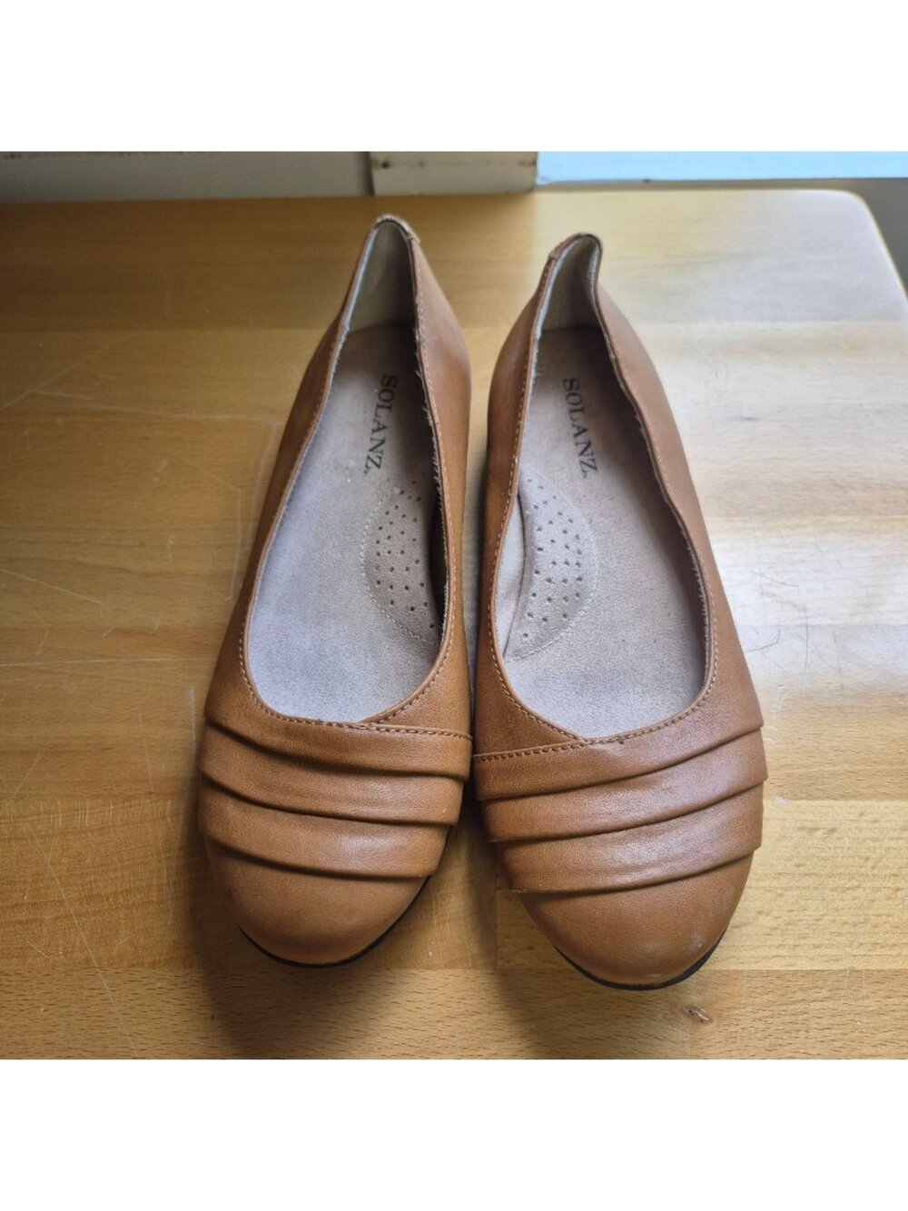 Solanz Womens Tan Brown Faux Leather Flats With Pleated Toe Design 8.5